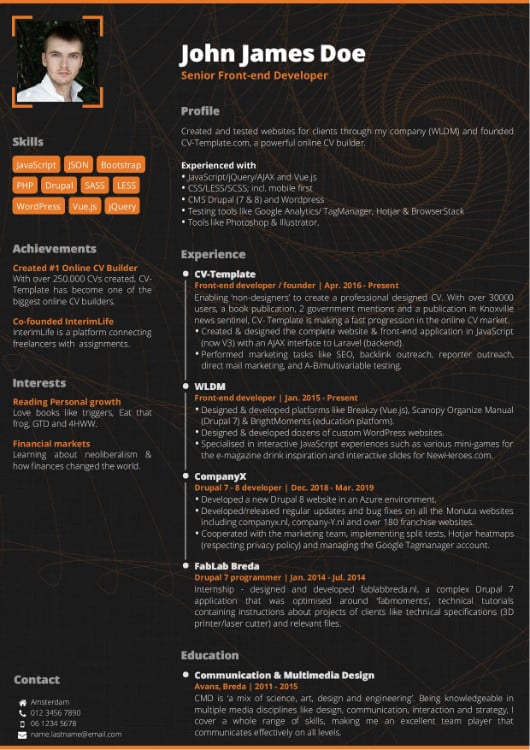 Dark-theme CV template