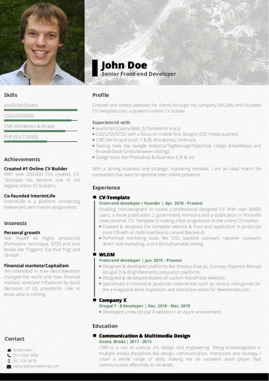 Premium cv template with photo header